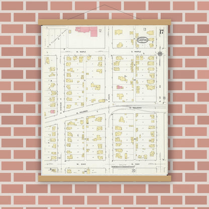 Old map wall art mockup — magnetic wood frame on brick wall — Sanborn Fire Insurance Map from Canton, Fulton County, Illinois (1917), Sheet #0017