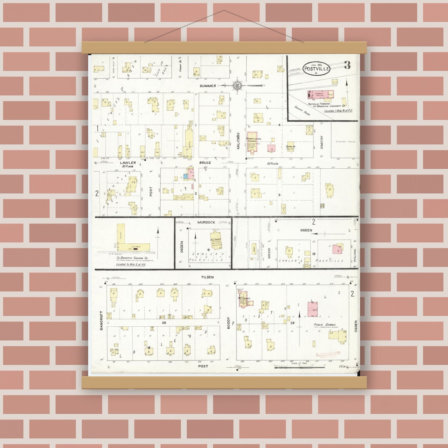 Old map wall art mockup — magnetic wood frame on brick wall — Sanborn Fire Insurance Map from Postville, Allamakee County, Iowa (1913), Sheet #0003