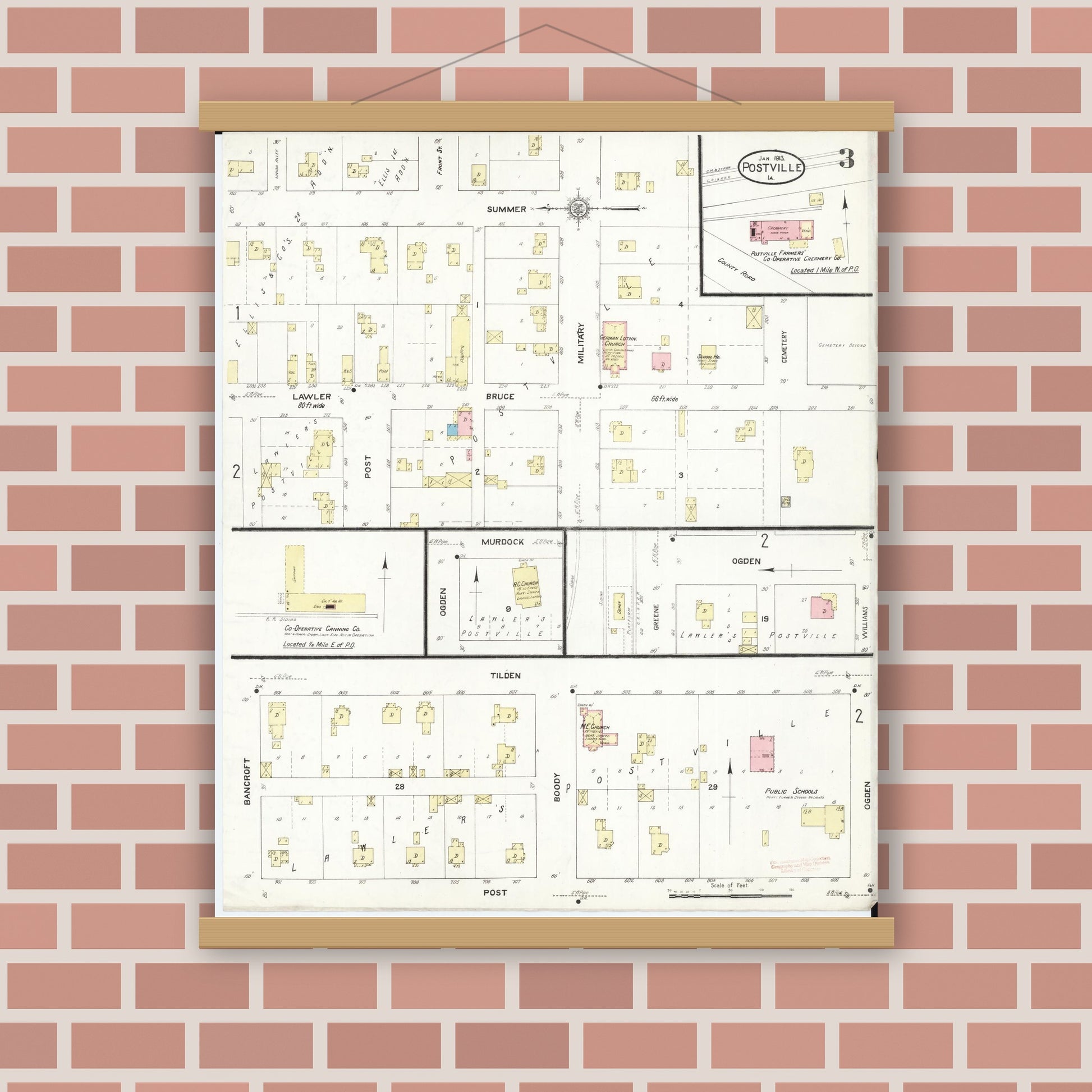 Old map wall art mockup — magnetic wood frame on brick wall — Sanborn Fire Insurance Map from Postville, Allamakee County, Iowa (1913), Sheet #0003