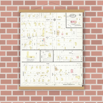 Old map wall art mockup — magnetic wood frame on brick wall — Sanborn Fire Insurance Map from Postville, Allamakee County, Iowa (1913), Sheet #0003