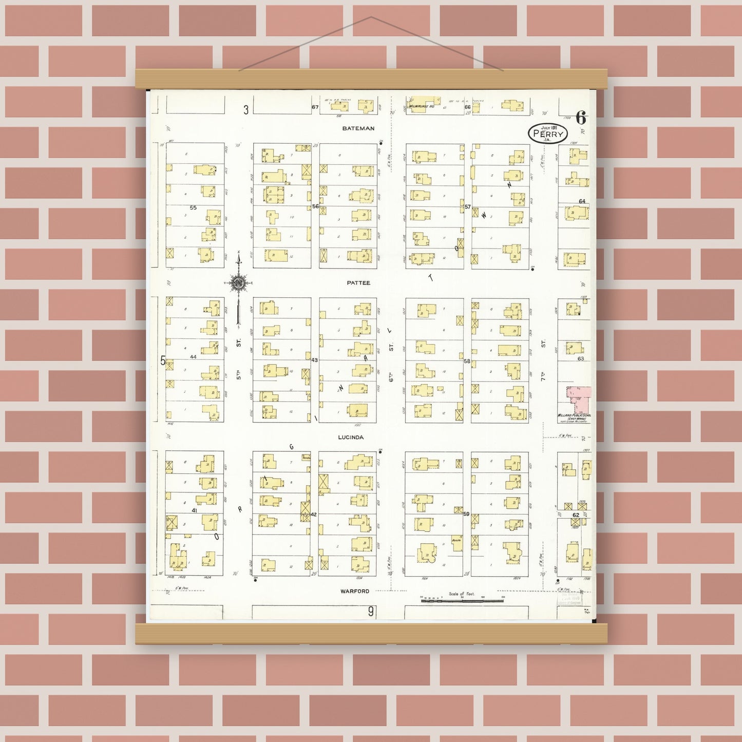 Old map wall art mockup — magnetic wood frame on brick wall — Sanborn Fire Insurance Map from Perry, Dallas County, Iowa (1911), Sheet #0006