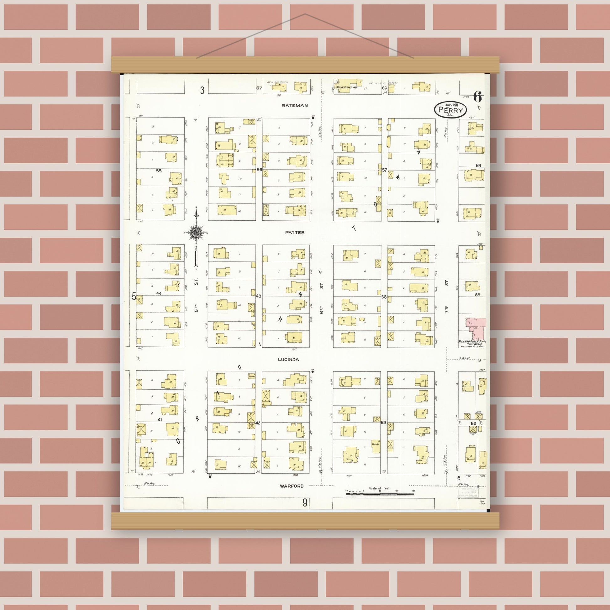 Old map wall art mockup — magnetic wood frame on brick wall — Sanborn Fire Insurance Map from Perry, Dallas County, Iowa (1911), Sheet #0006