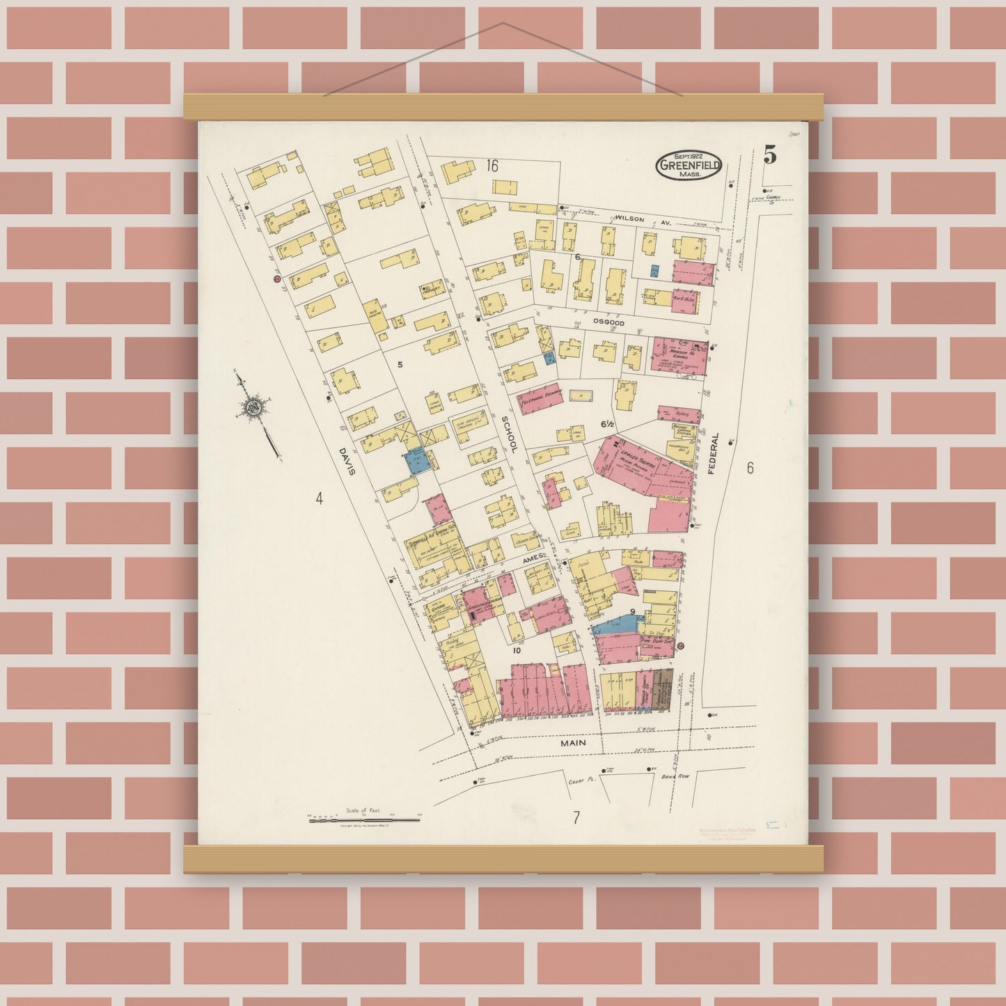 Old map wall art mockup — magnetic wood frame on brick wall — Sanborn Fire Insurance Map from Greenfield, Franklin County, Massachusetts (1922), Sheet #0005