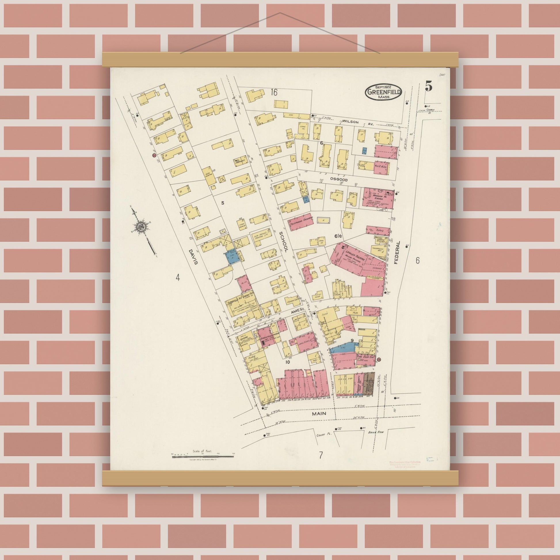 Old map wall art mockup — magnetic wood frame on brick wall — Sanborn Fire Insurance Map from Greenfield, Franklin County, Massachusetts (1922), Sheet #0005