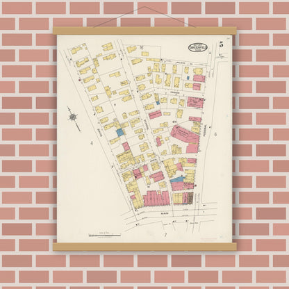 Old map wall art mockup — magnetic wood frame on brick wall — Sanborn Fire Insurance Map from Greenfield, Franklin County, Massachusetts (1922), Sheet #0005