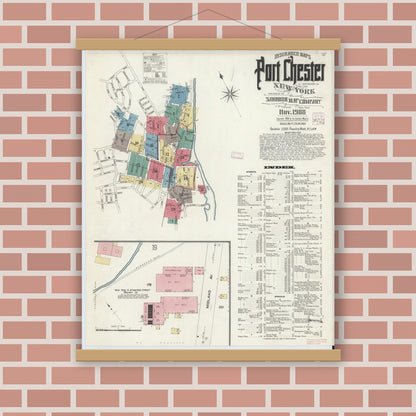 Old map wall art mockup — magnetic wood frame on brick wall — Sanborn Fire Insurance Map from Port Chester, Westchester County, New York (1908), Sheet #0001