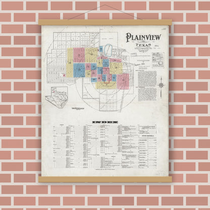 Old map wall art mockup — magnetic wood frame on brick wall — Sanborn Fire Insurance Map from Plainview, Hale County, Texas (1927), Sheet #0001