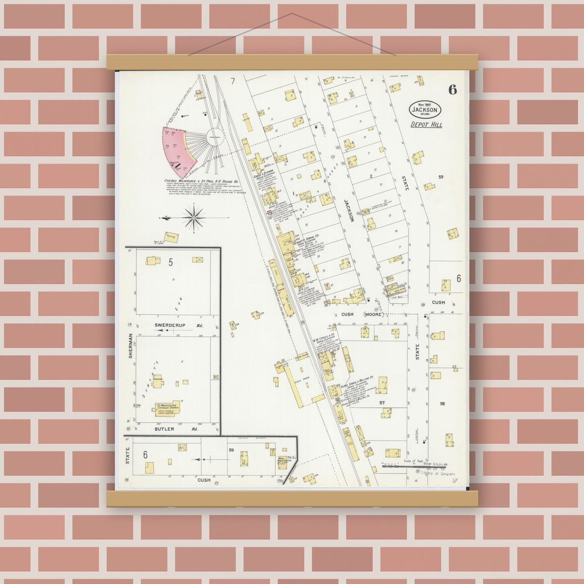 Old map wall art mockup — magnetic wood frame on brick wall — Sanborn Fire Insurance Map from Jackson, Jackson County, Minnesota (1907), Sheet #0006