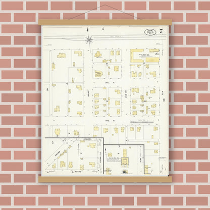 Old map wall art mockup — magnetic wood frame on brick wall — Sanborn Fire Insurance Map from Hico, Hamilton County, Texas (1907), Sheet #0007