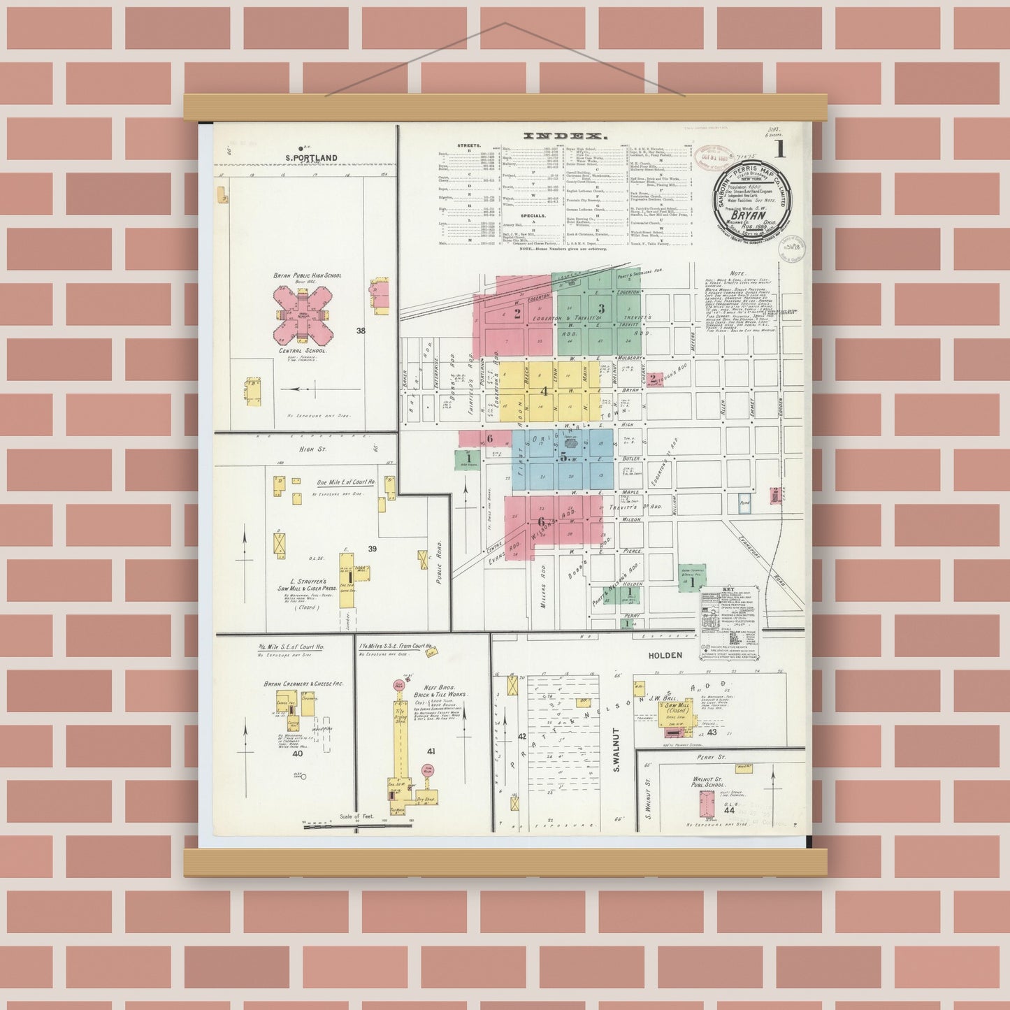 Old map wall art mockup — magnetic wood frame on brick wall — Sanborn Fire Insurance Map from Bryan, Williams County, Ohio (1899), Sheet #0001