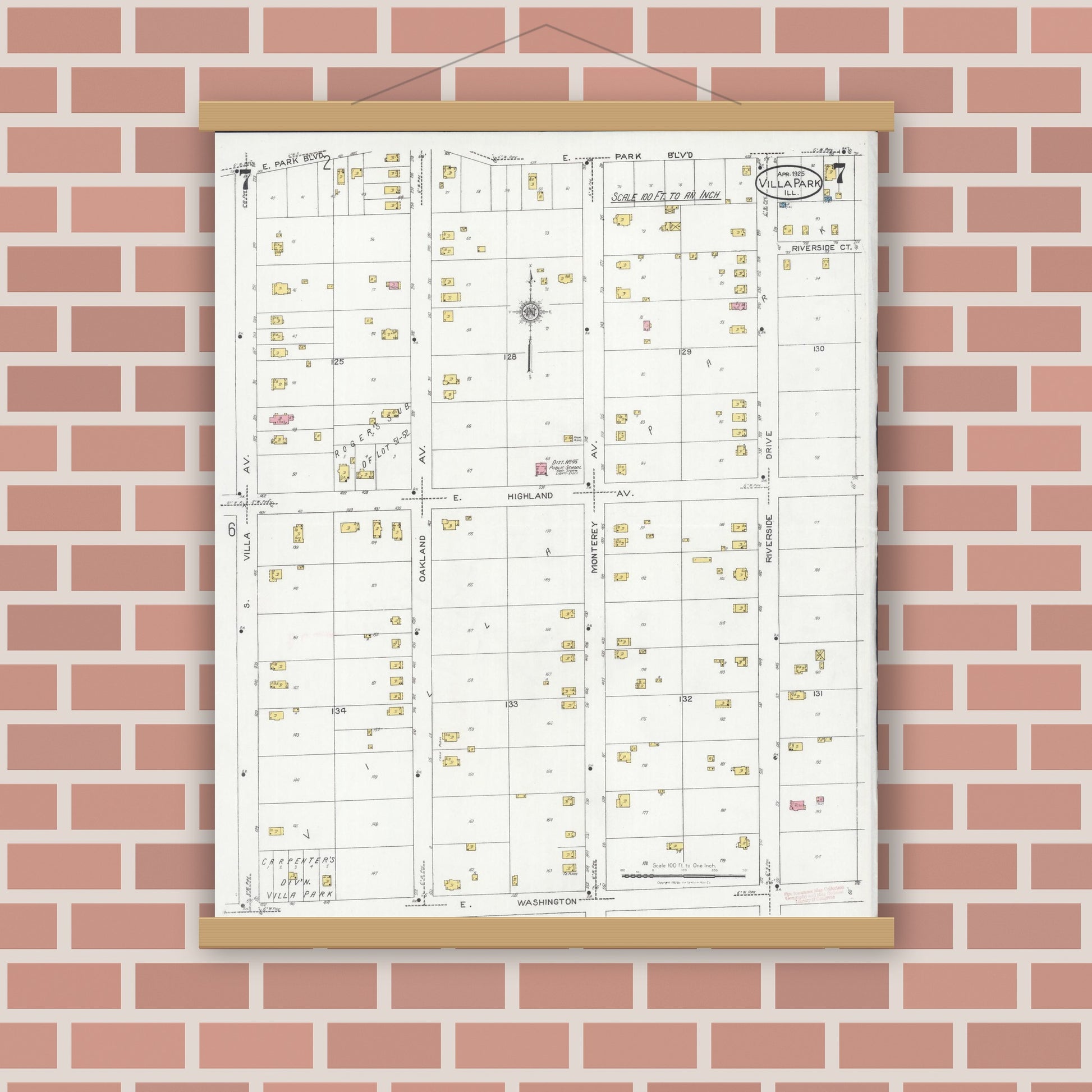 Old map wall art mockup — magnetic wood frame on brick wall — Sanborn Fire Insurance Map from Villa Park, Du Page County, Illinois (1925), Sheet #0007