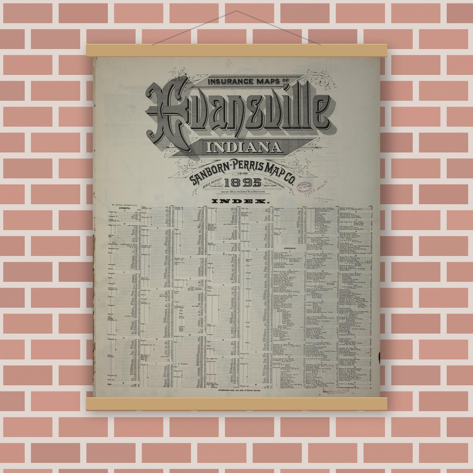 Old map wall art mockup — magnetic wood frame on brick wall — Sanborn Fire Insurance Map from Evansville, Vanderburgh County, Indiana (1895), Sheet #0001