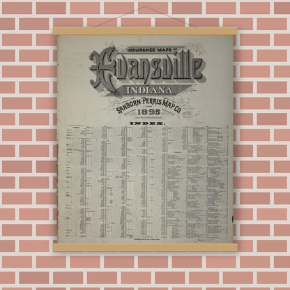Old map wall art mockup — magnetic wood frame on brick wall — Sanborn Fire Insurance Map from Evansville, Vanderburgh County, Indiana (1895), Sheet #0001