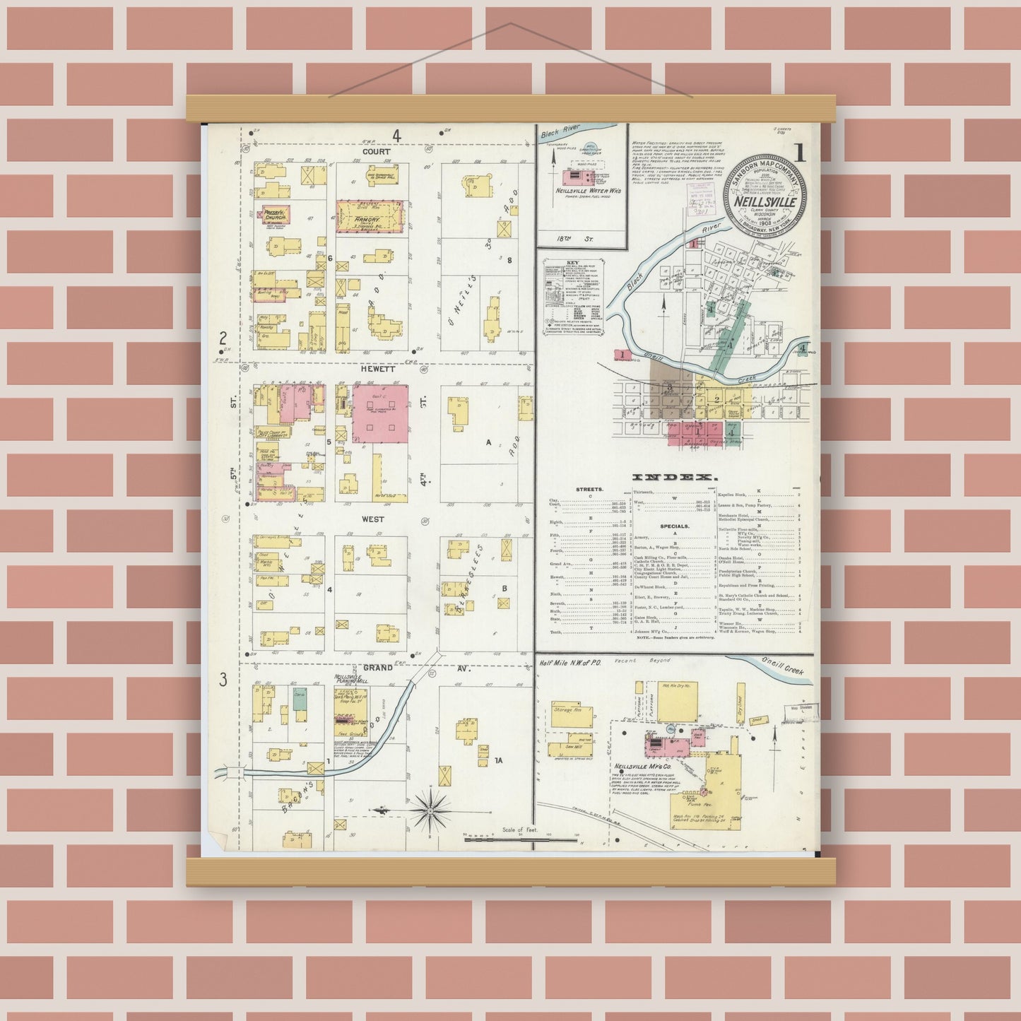 Old map wall art mockup — magnetic wood frame on brick wall — Sanborn Fire Insurance Map from Neillsville, Clark County, Wisconsin (1903) - Complete Map Set