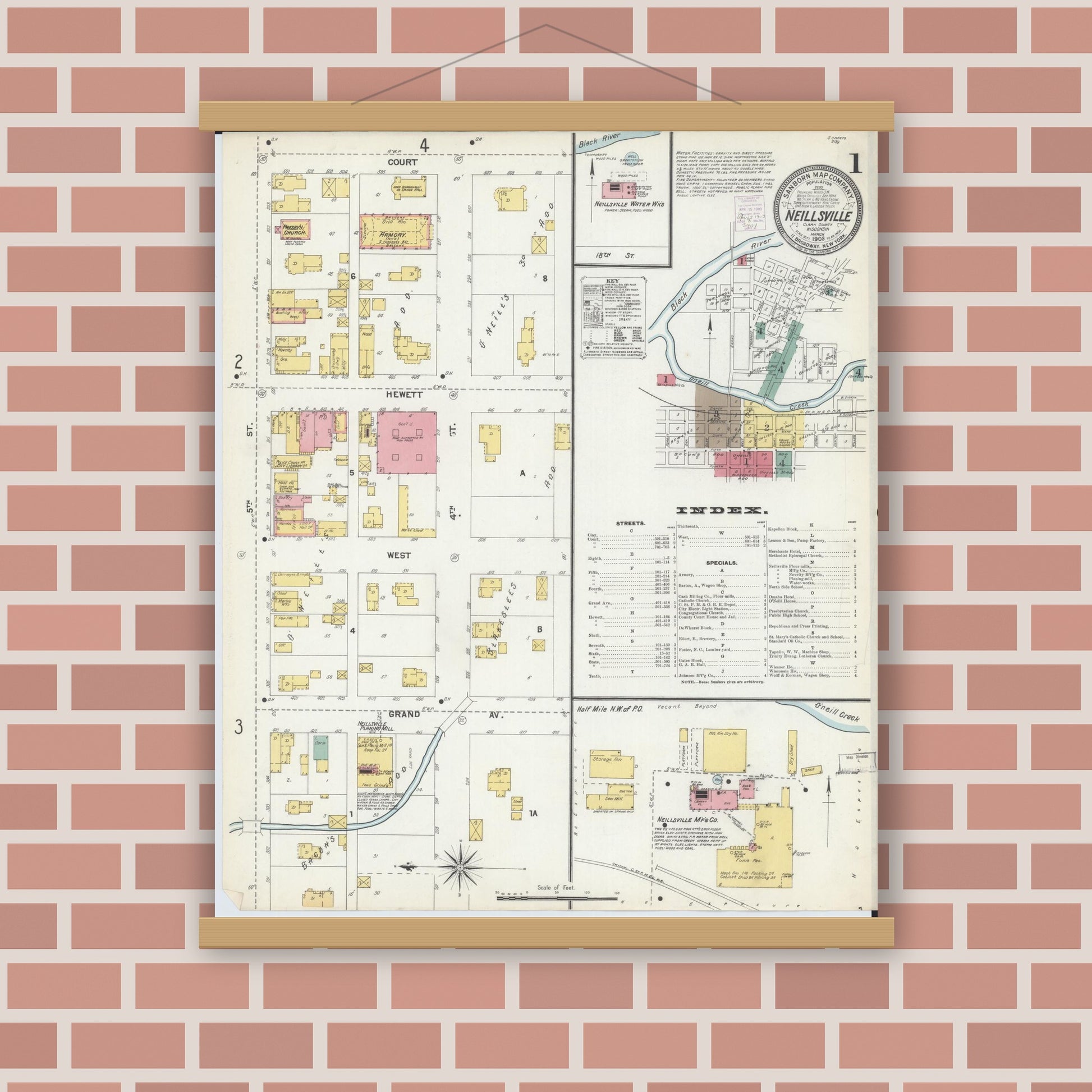 Old map wall art mockup — magnetic wood frame on brick wall — Sanborn Fire Insurance Map from Neillsville, Clark County, Wisconsin (1903) - Complete Map Set