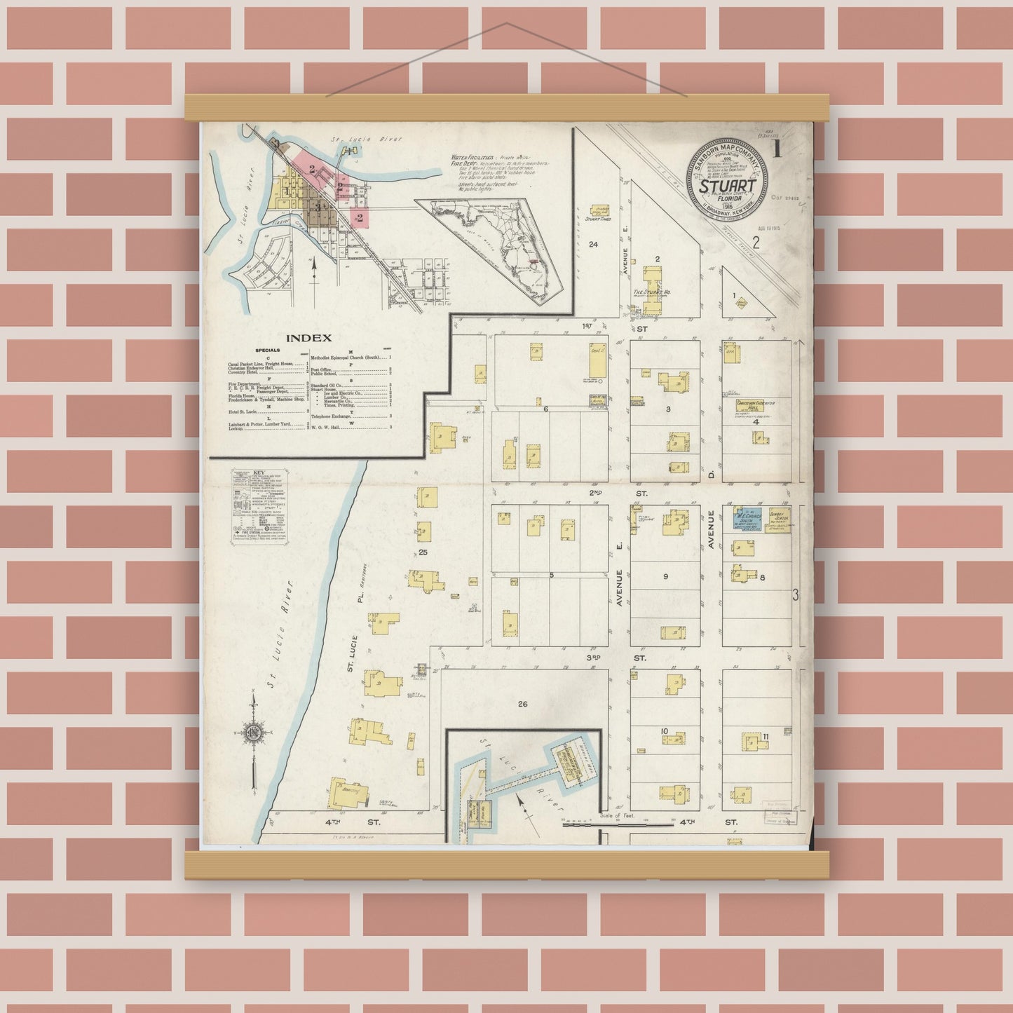 Old map wall art mockup — magnetic wood frame on brick wall — Sanborn Fire Insurance Map from Stuart, Martin County, Florida (1915) - Complete Map Set
