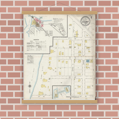 Old map wall art mockup — magnetic wood frame on brick wall — Sanborn Fire Insurance Map from Stuart, Martin County, Florida (1915) - Complete Map Set