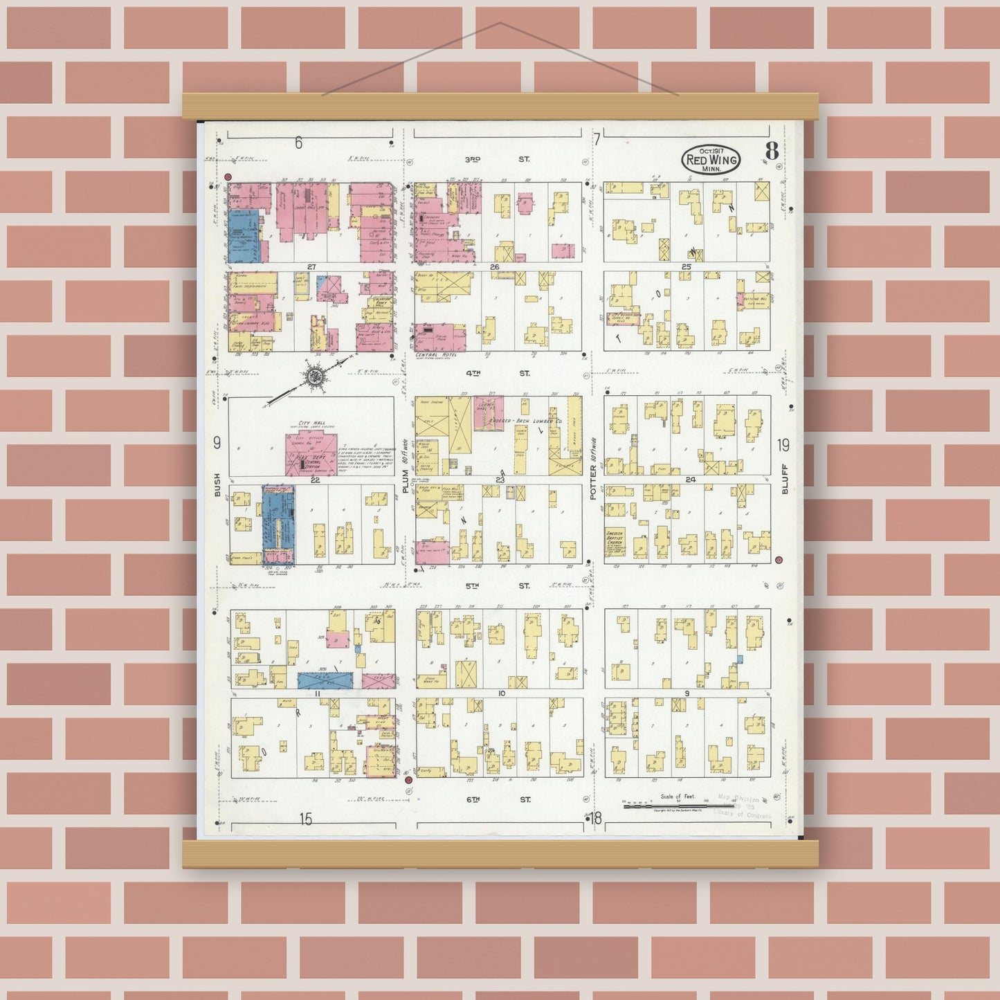 Old map wall art mockup — magnetic wood frame on brick wall — Sanborn Fire Insurance Map from Red Wing, Goodhue County, Minnesota (1917), Sheet #0008