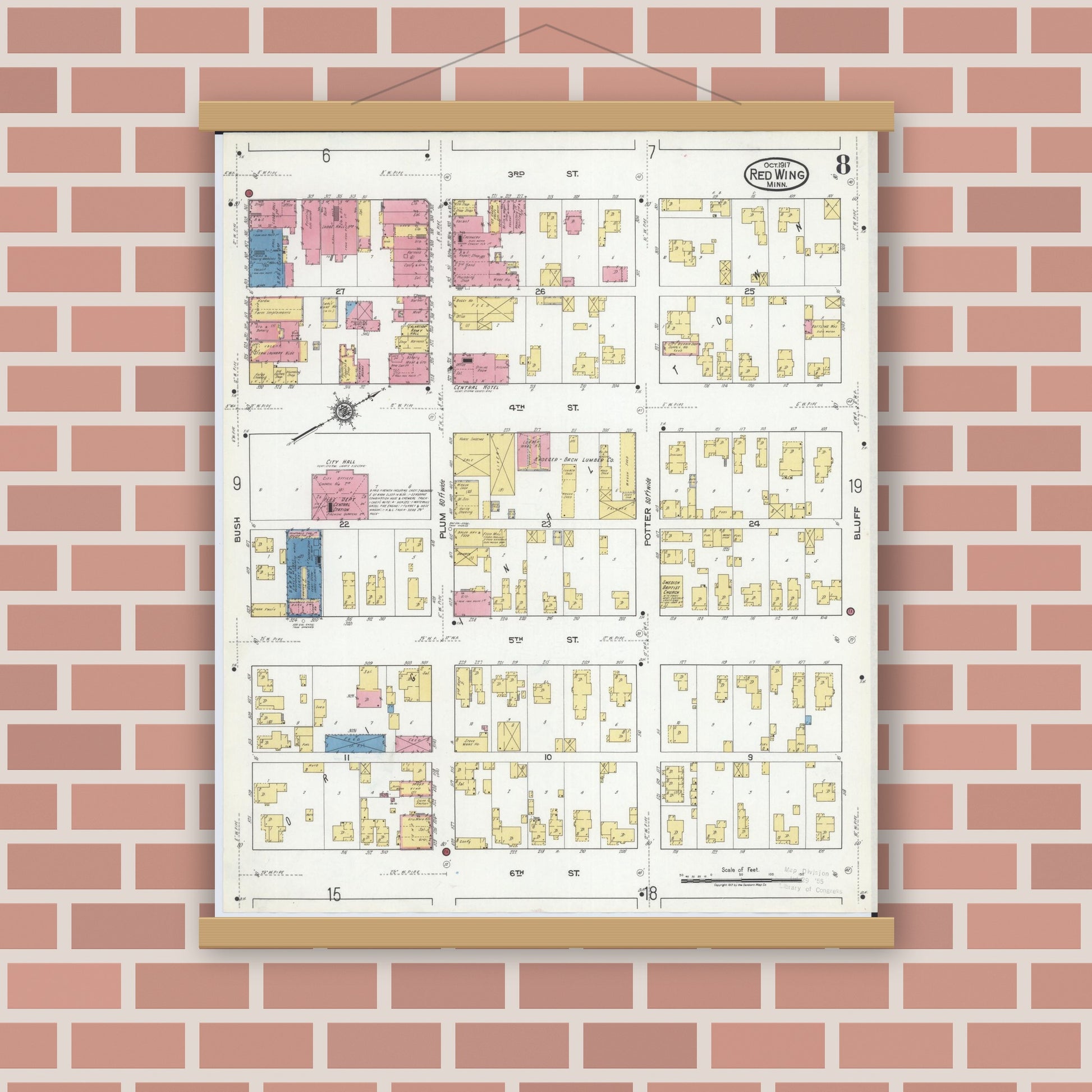 Old map wall art mockup — magnetic wood frame on brick wall — Sanborn Fire Insurance Map from Red Wing, Goodhue County, Minnesota (1917), Sheet #0008
