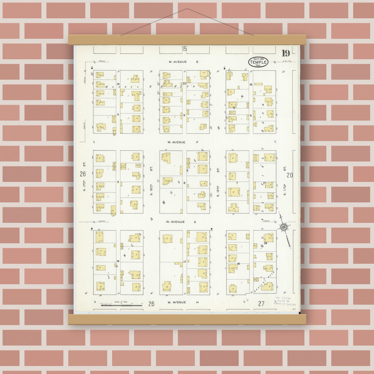 Old map wall art mockup — magnetic wood frame on brick wall — Sanborn Fire Insurance Map from Temple, Bell County, Texas (1915), Sheet #0019