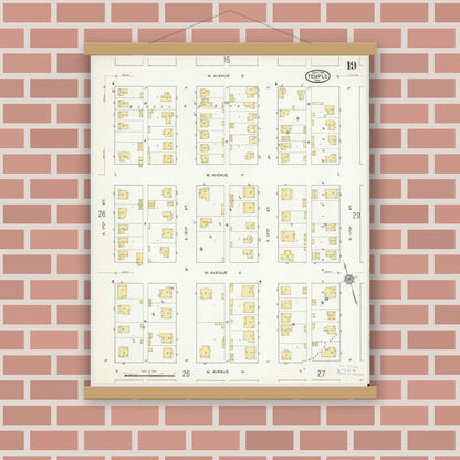Old map wall art mockup — magnetic wood frame on brick wall — Sanborn Fire Insurance Map from Temple, Bell County, Texas (1915), Sheet #0019