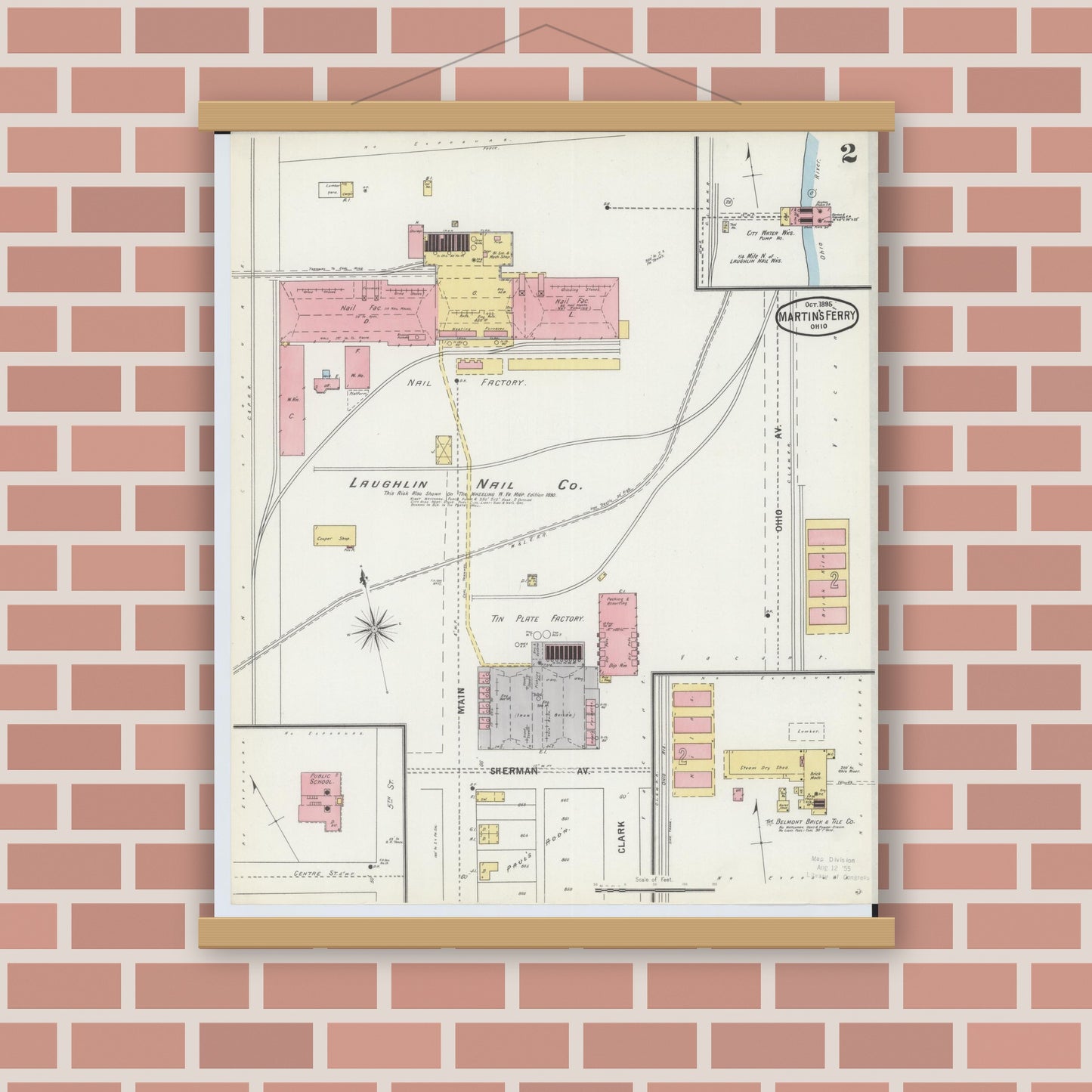 Old map wall art mockup — magnetic wood frame on brick wall — Sanborn Fire Insurance Map from Martins Ferry, Belmont County, Ohio (1895), Sheet #0002