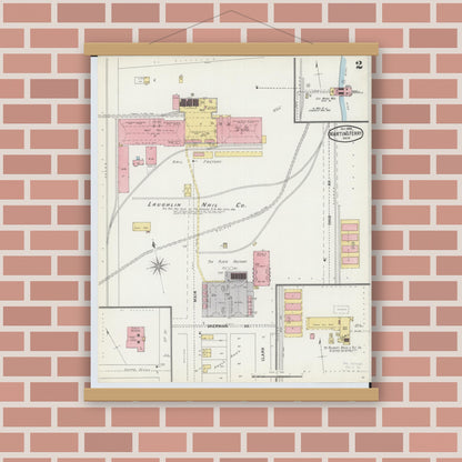 Old map wall art mockup — magnetic wood frame on brick wall — Sanborn Fire Insurance Map from Martins Ferry, Belmont County, Ohio (1895), Sheet #0002