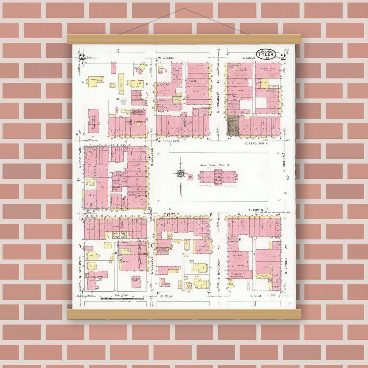 Old map wall art mockup — magnetic wood frame on brick wall — Sanborn Fire Insurance Map from Tyler, Smith County, Texas (1928), Sheet #0002