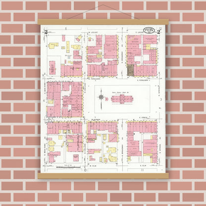 Old map wall art mockup — magnetic wood frame on brick wall — Sanborn Fire Insurance Map from Tyler, Smith County, Texas (1928), Sheet #0002