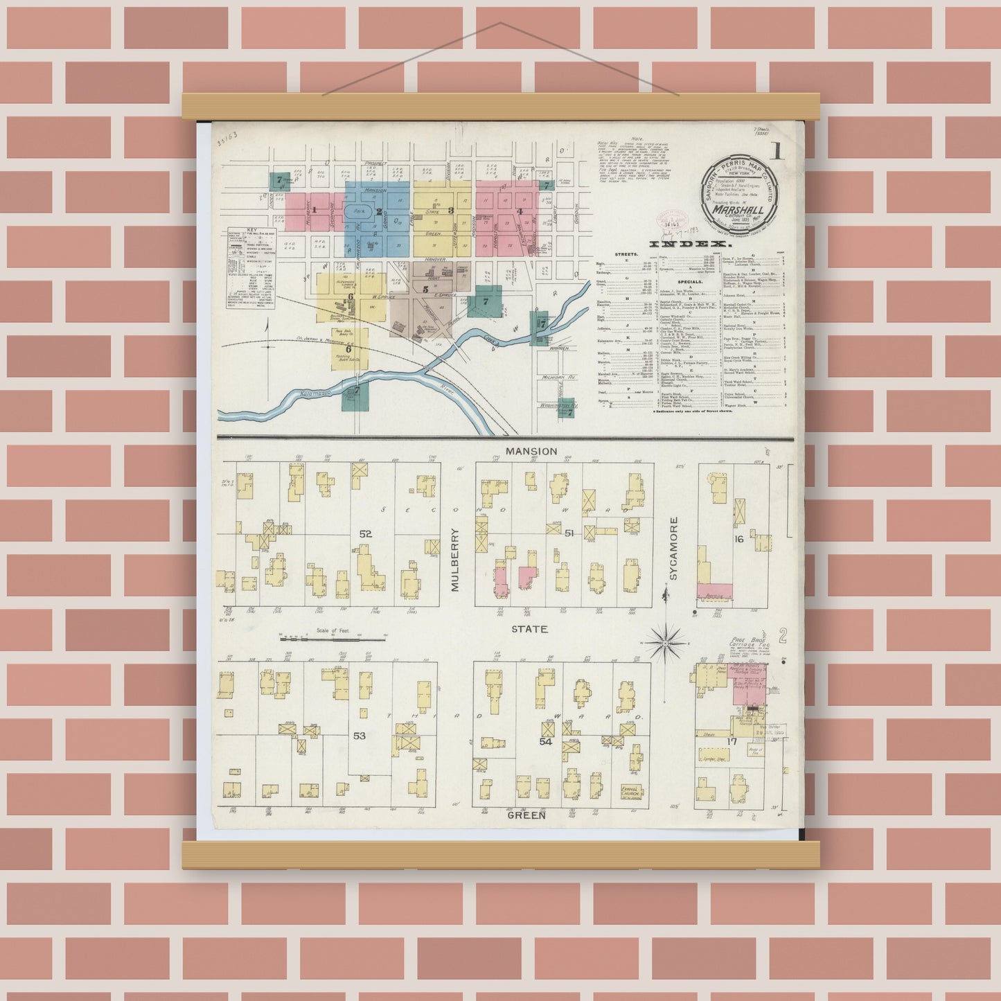 Old map wall art mockup — magnetic wood frame on brick wall — Sanborn Fire Insurance Map from Marshall, Calhoun County, Michigan (1893) - Complete Map Set