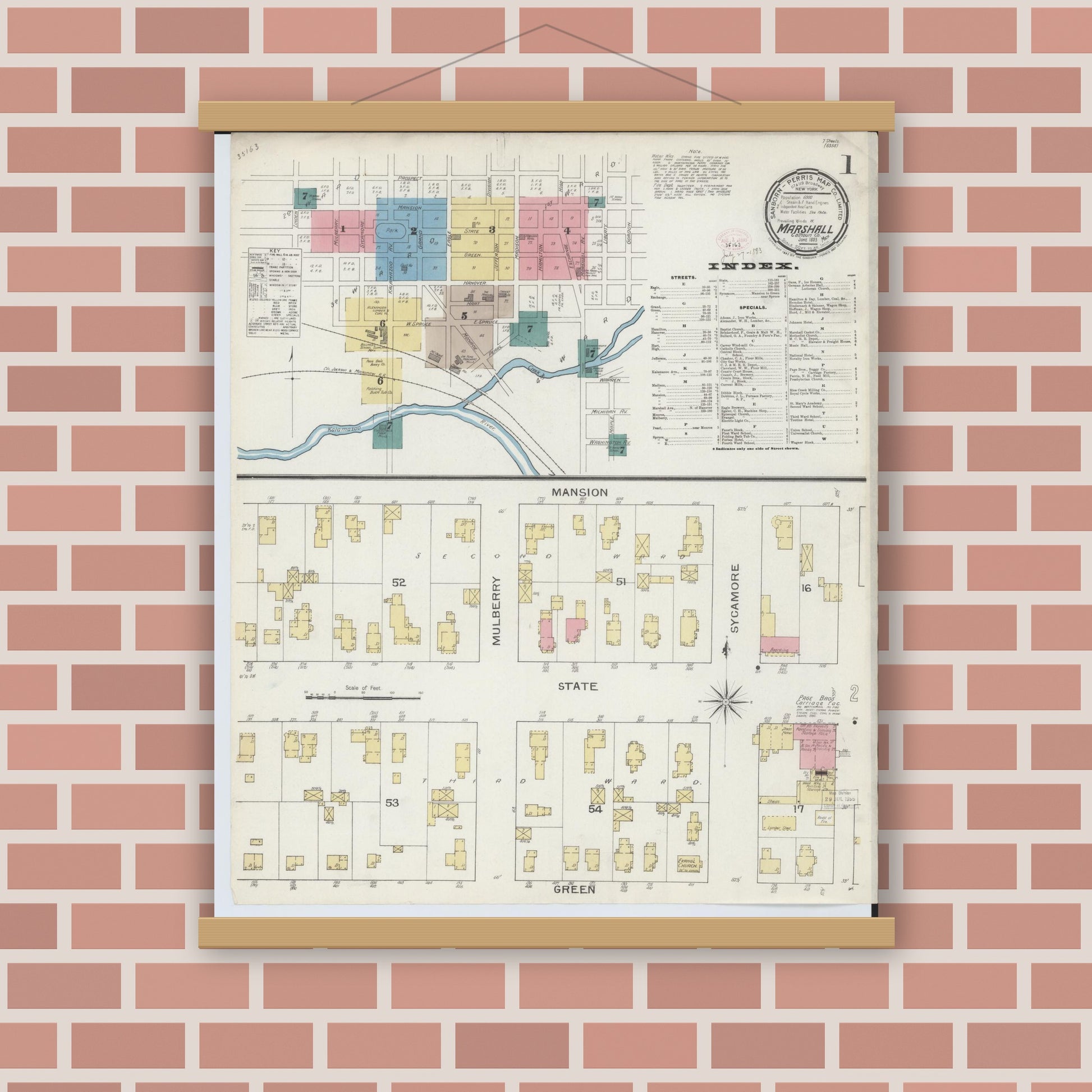Old map wall art mockup — magnetic wood frame on brick wall — Sanborn Fire Insurance Map from Marshall, Calhoun County, Michigan (1893) - Complete Map Set