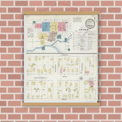 Old map wall art mockup — magnetic wood frame on brick wall — Sanborn Fire Insurance Map from Marshall, Calhoun County, Michigan (1893) - Complete Map Set
