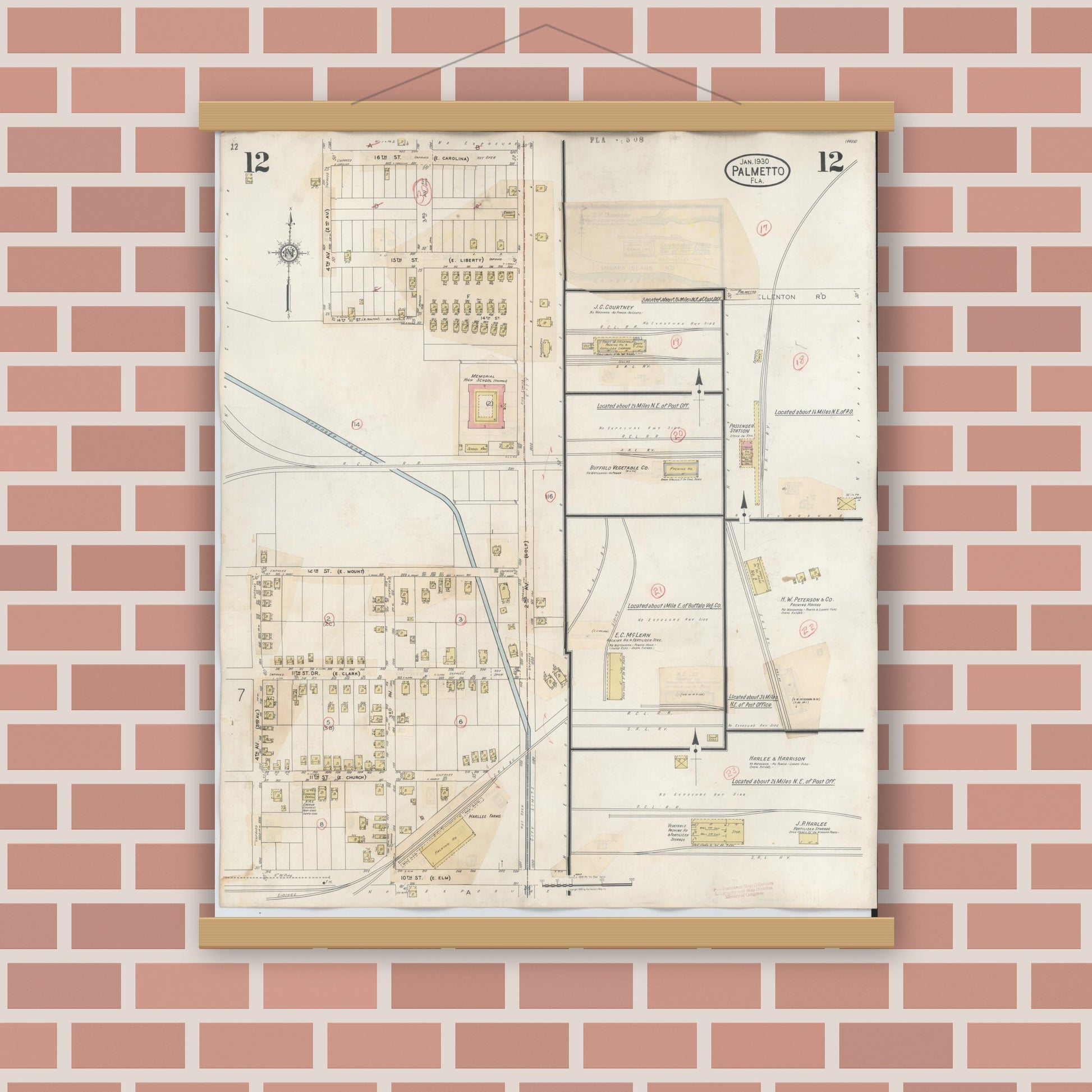 Old map wall art mockup — magnetic wood frame on brick wall — Sanborn Fire Insurance Map from Palmetto, Manatee County, Florida (1944), Sheet #0012