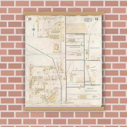 Old map wall art mockup — magnetic wood frame on brick wall — Sanborn Fire Insurance Map from Palmetto, Manatee County, Florida (1944), Sheet #0012