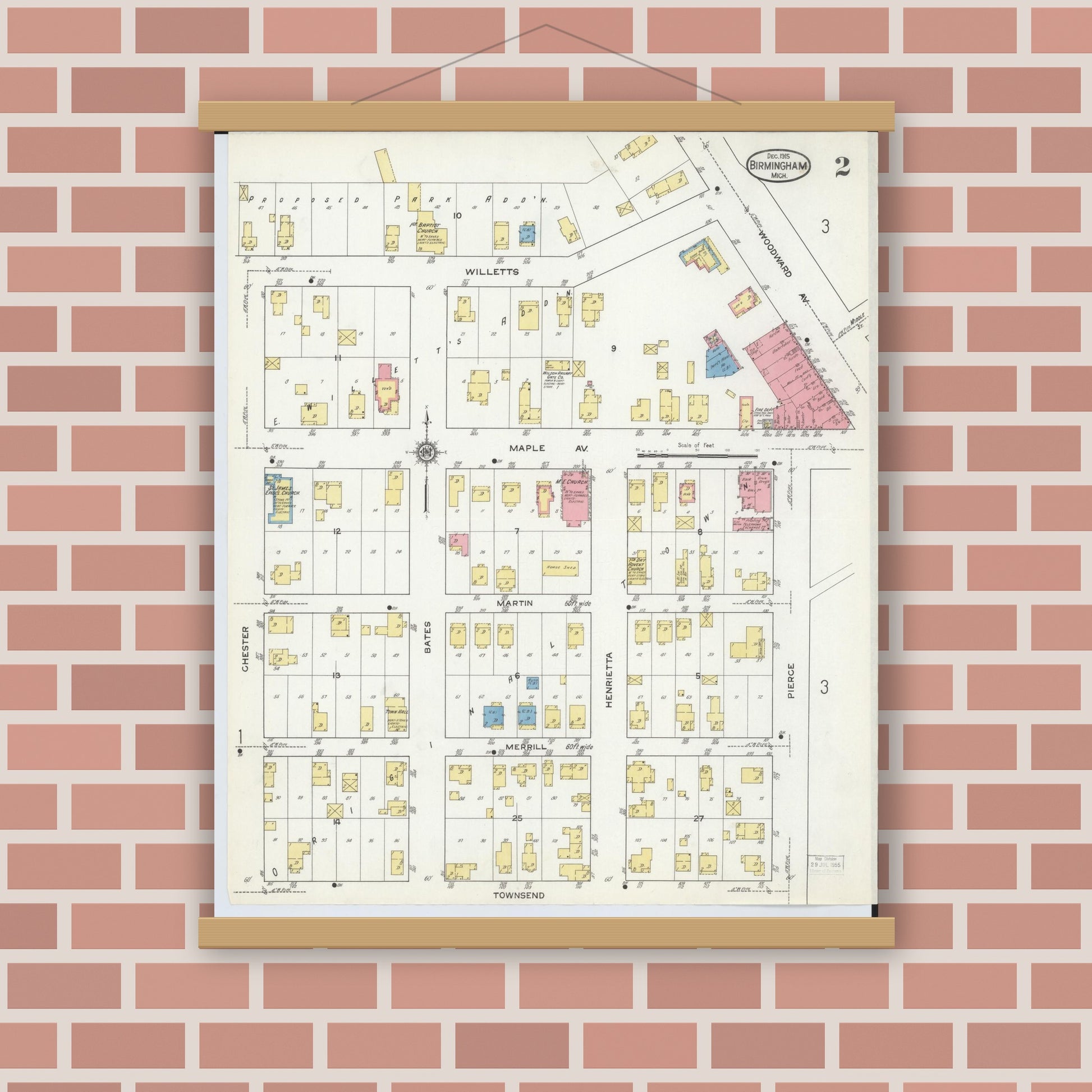 Old map wall art mockup — magnetic wood frame on brick wall — Sanborn Fire Insurance Map from Birmingham, Oakland County, Michigan (1915), Sheet #0002