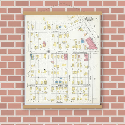 Old map wall art mockup — magnetic wood frame on brick wall — Sanborn Fire Insurance Map from Birmingham, Oakland County, Michigan (1915), Sheet #0002