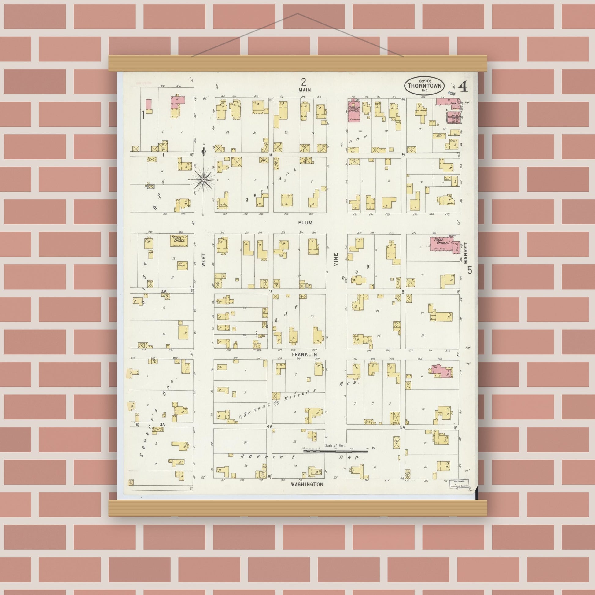 Old map wall art mockup — magnetic wood frame on brick wall — Sanborn Fire Insurance Map from Thorntown, Boone County, Indiana (1898), Sheet #0004