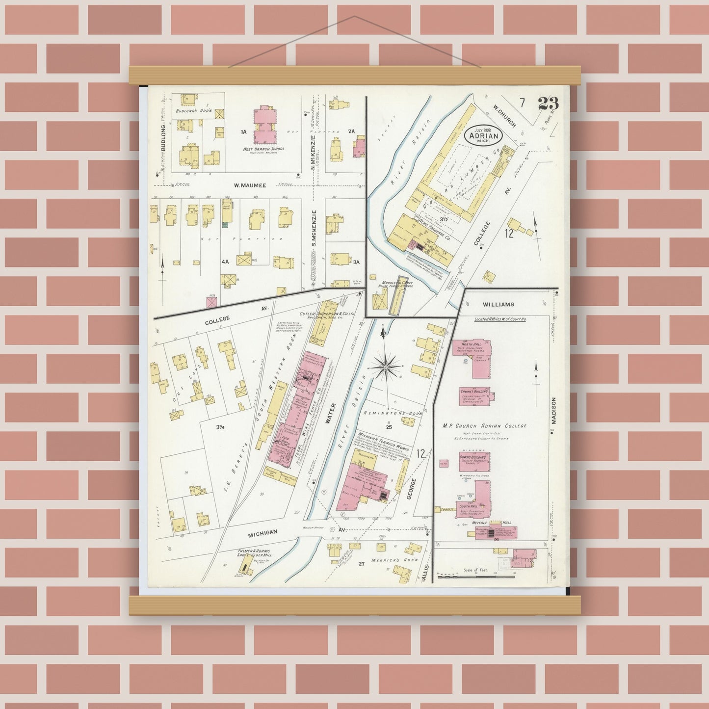 Old map wall art mockup — magnetic wood frame on brick wall — Sanborn Fire Insurance Map from Adrian, Lenawee County, Michigan (1908), Sheet #0023