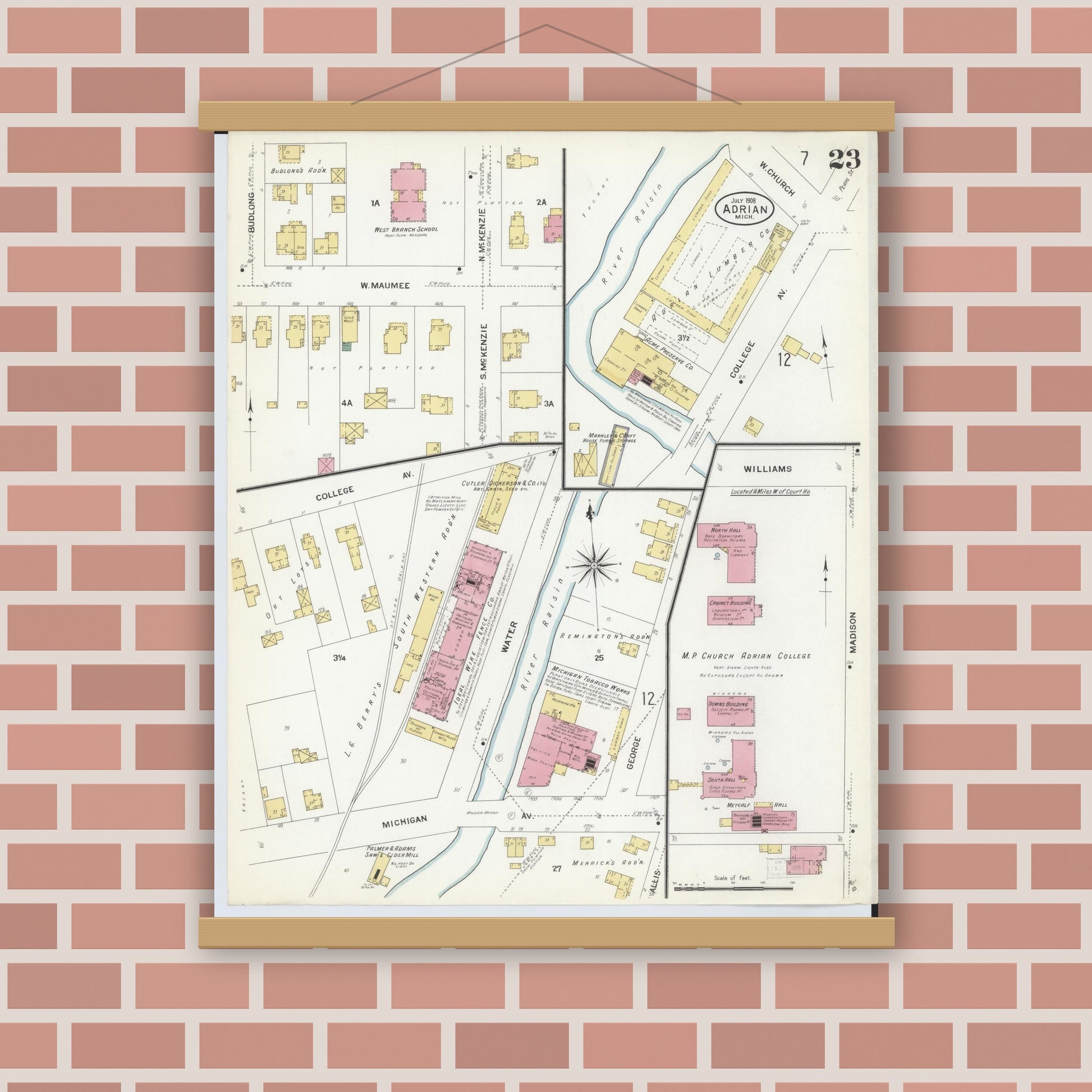 Old map wall art mockup — magnetic wood frame on brick wall — Sanborn Fire Insurance Map from Adrian, Lenawee County, Michigan (1908), Sheet #0023