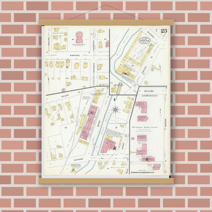 Old map wall art mockup — magnetic wood frame on brick wall — Sanborn Fire Insurance Map from Adrian, Lenawee County, Michigan (1908), Sheet #0023