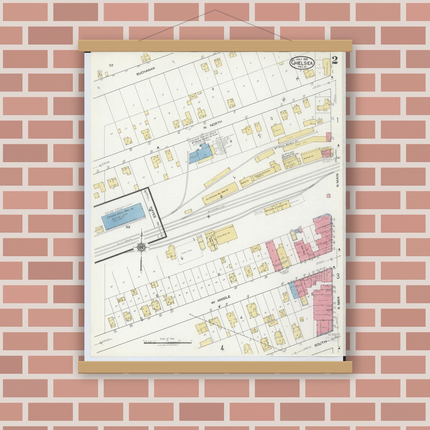 Old map wall art mockup — magnetic wood frame on brick wall — Sanborn Fire Insurance Map from Chelsea, Washtenaw County, Michigan (1918), Sheet #0002