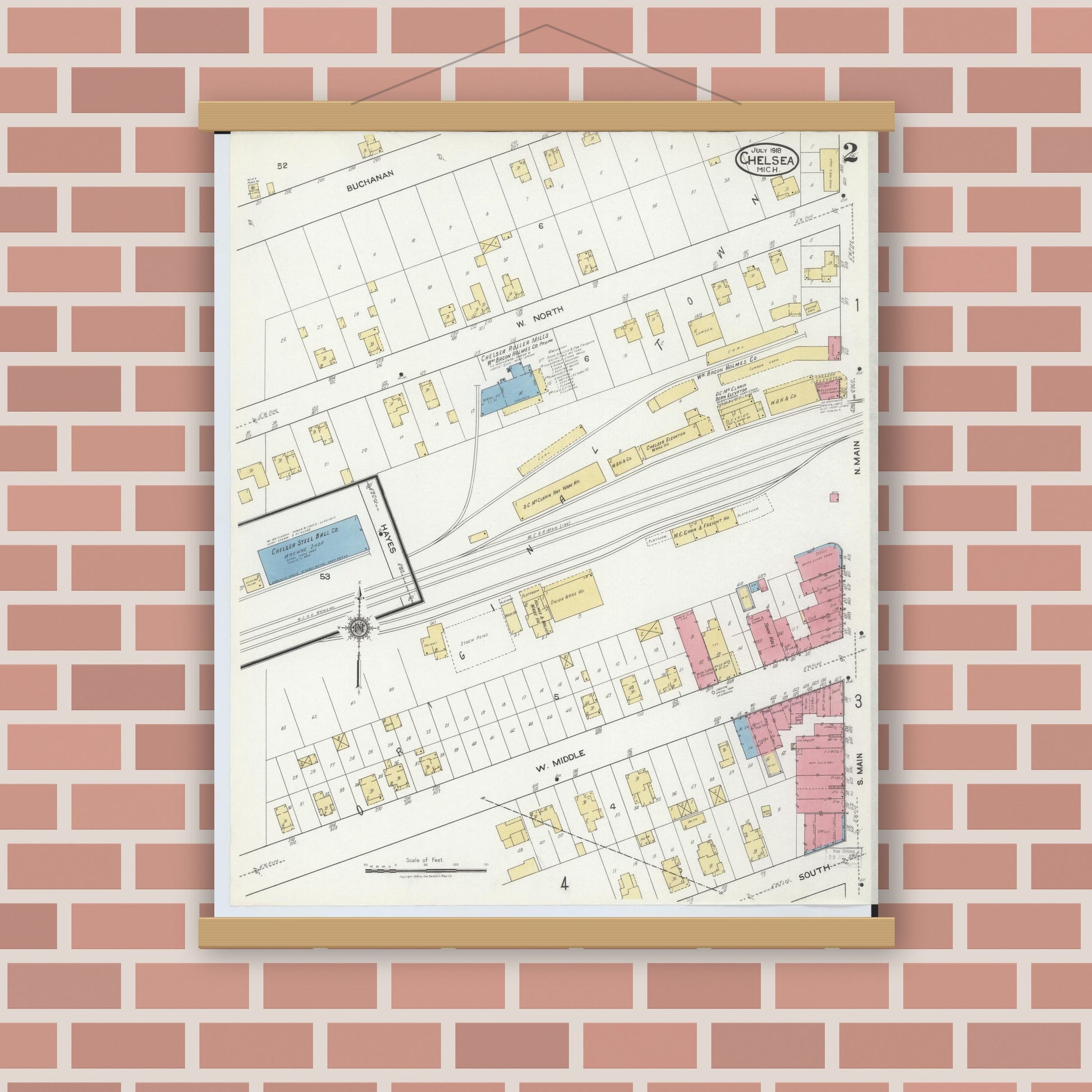 Old map wall art mockup — magnetic wood frame on brick wall — Sanborn Fire Insurance Map from Chelsea, Washtenaw County, Michigan (1918), Sheet #0002