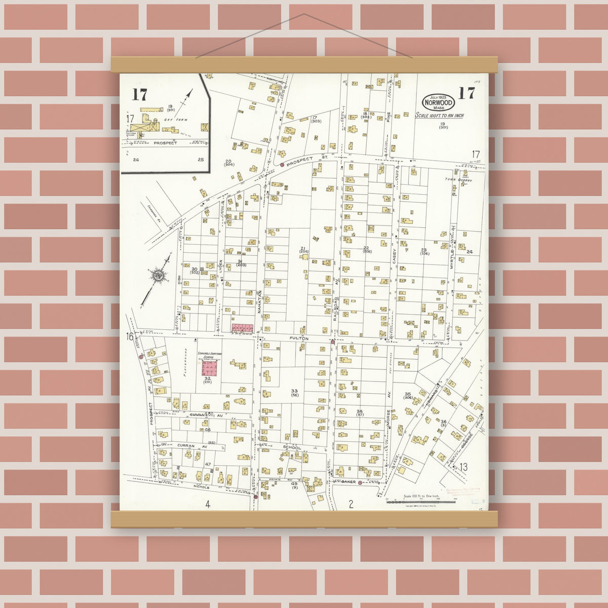 Old map wall art mockup — magnetic wood frame on brick wall — Sanborn Fire Insurance Map from Norwood, Norfolk County, Massachusetts (1923), Sheet #0017