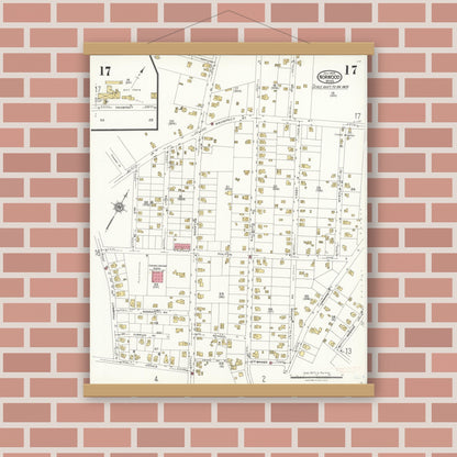 Old map wall art mockup — magnetic wood frame on brick wall — Sanborn Fire Insurance Map from Norwood, Norfolk County, Massachusetts (1923), Sheet #0017
