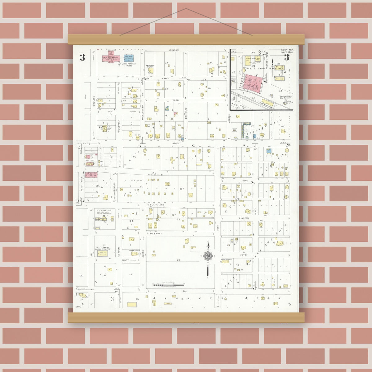 Old map wall art mockup — magnetic wood frame on brick wall — Sanborn Fire Insurance Map from Eden, Concho County, Texas (1940), Sheet #0003