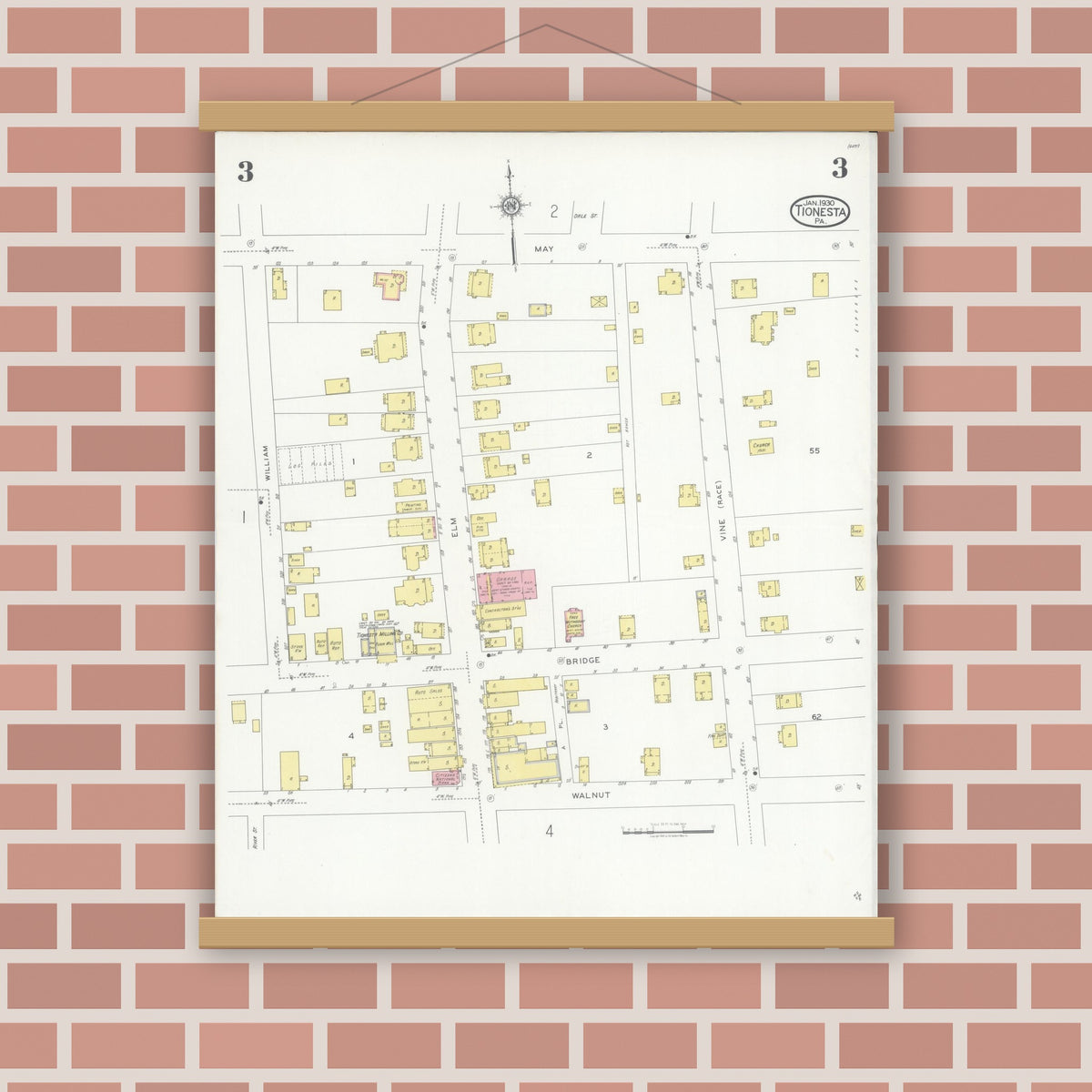Old map wall art mockup — magnetic wood frame on brick wall — Sanborn Fire Insurance Map from Tionesta, Forest County, Pennsylvania (1930), Sheet #0003