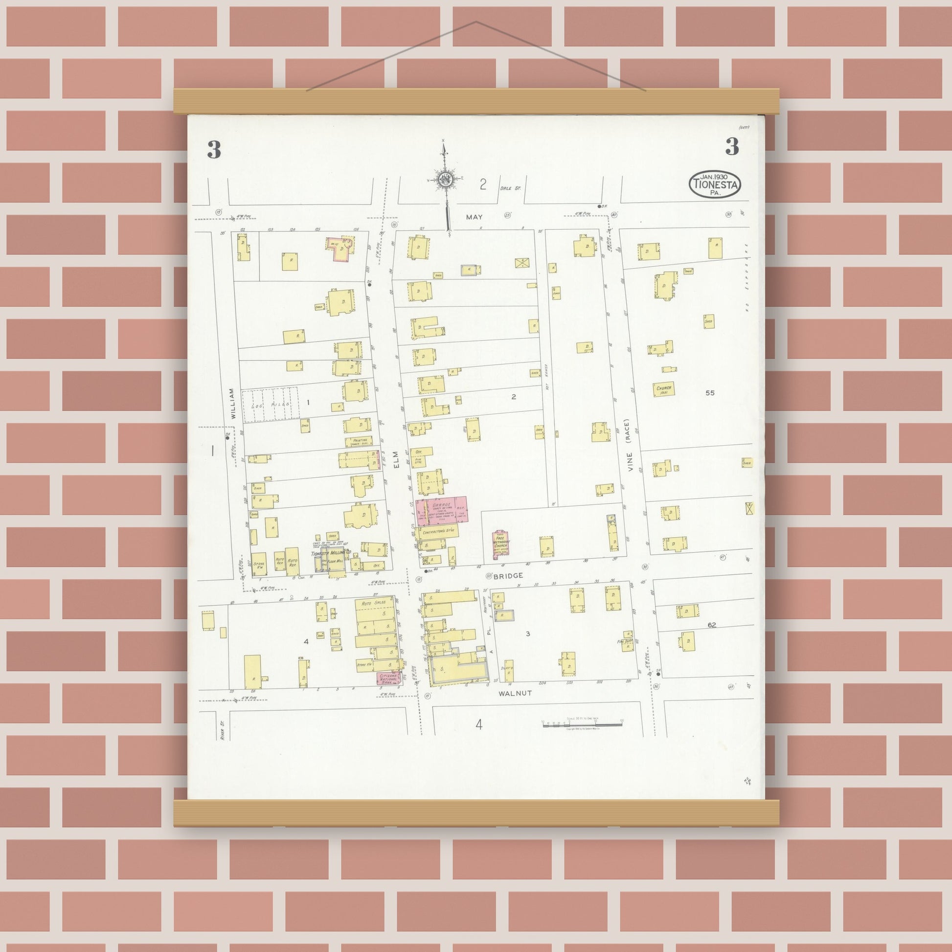 Old map wall art mockup — magnetic wood frame on brick wall — Sanborn Fire Insurance Map from Tionesta, Forest County, Pennsylvania (1930), Sheet #0003