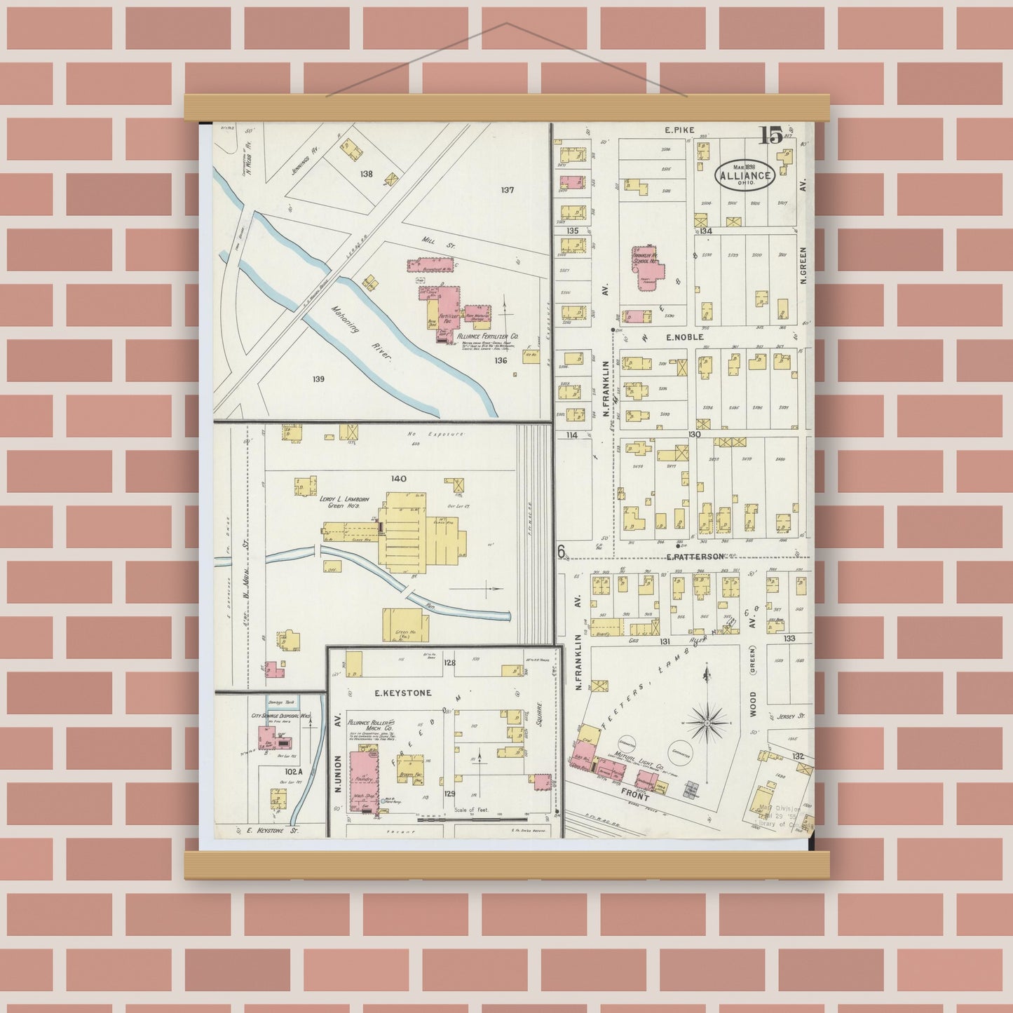 Old map wall art mockup — magnetic wood frame on brick wall — Sanborn Fire Insurance Map from Alliance, Stark County, Ohio (1898), Sheet #0015