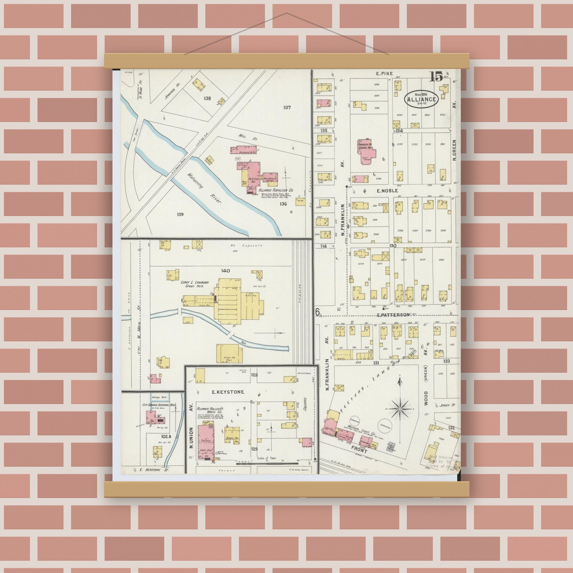 Old map wall art mockup — magnetic wood frame on brick wall — Sanborn Fire Insurance Map from Alliance, Stark County, Ohio (1898), Sheet #0015