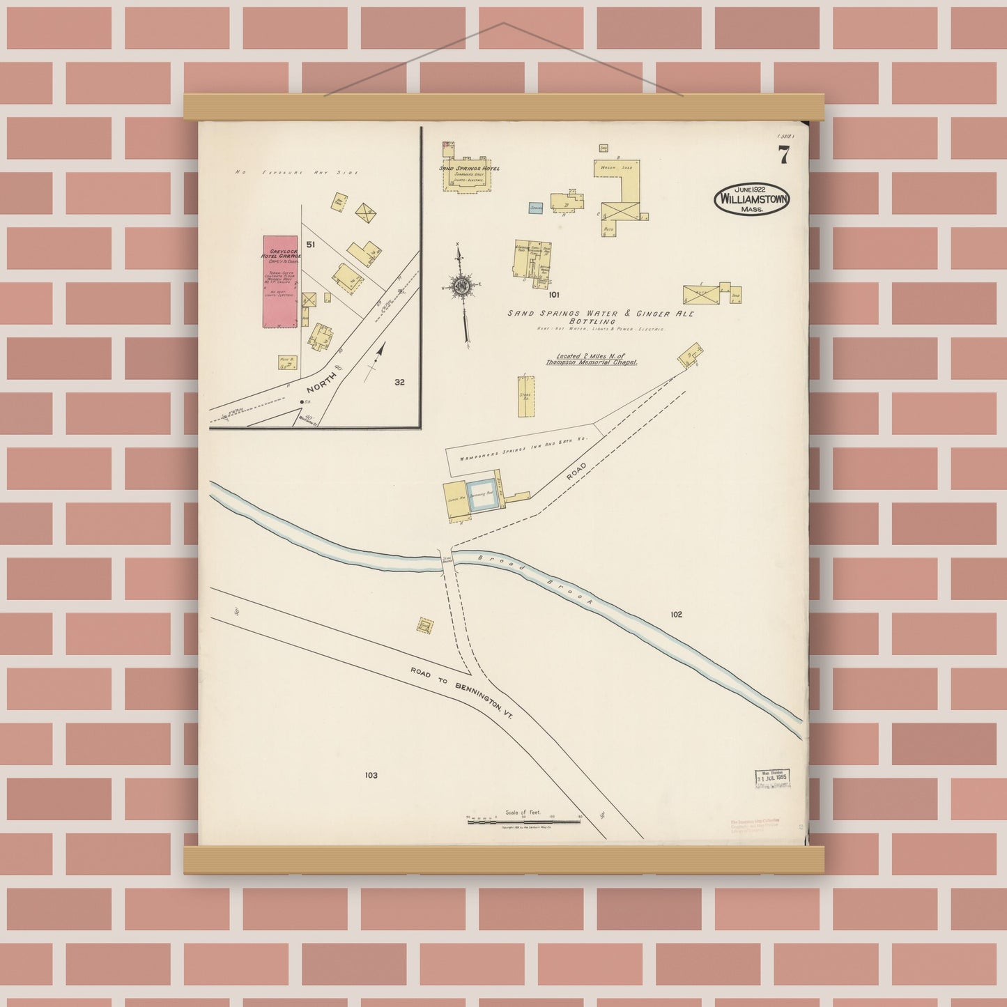 Old map wall art mockup — magnetic wood frame on brick wall — Sanborn Fire Insurance Map from Williamstown, Berkshire County, Massachusetts (1922), Sheet #0007